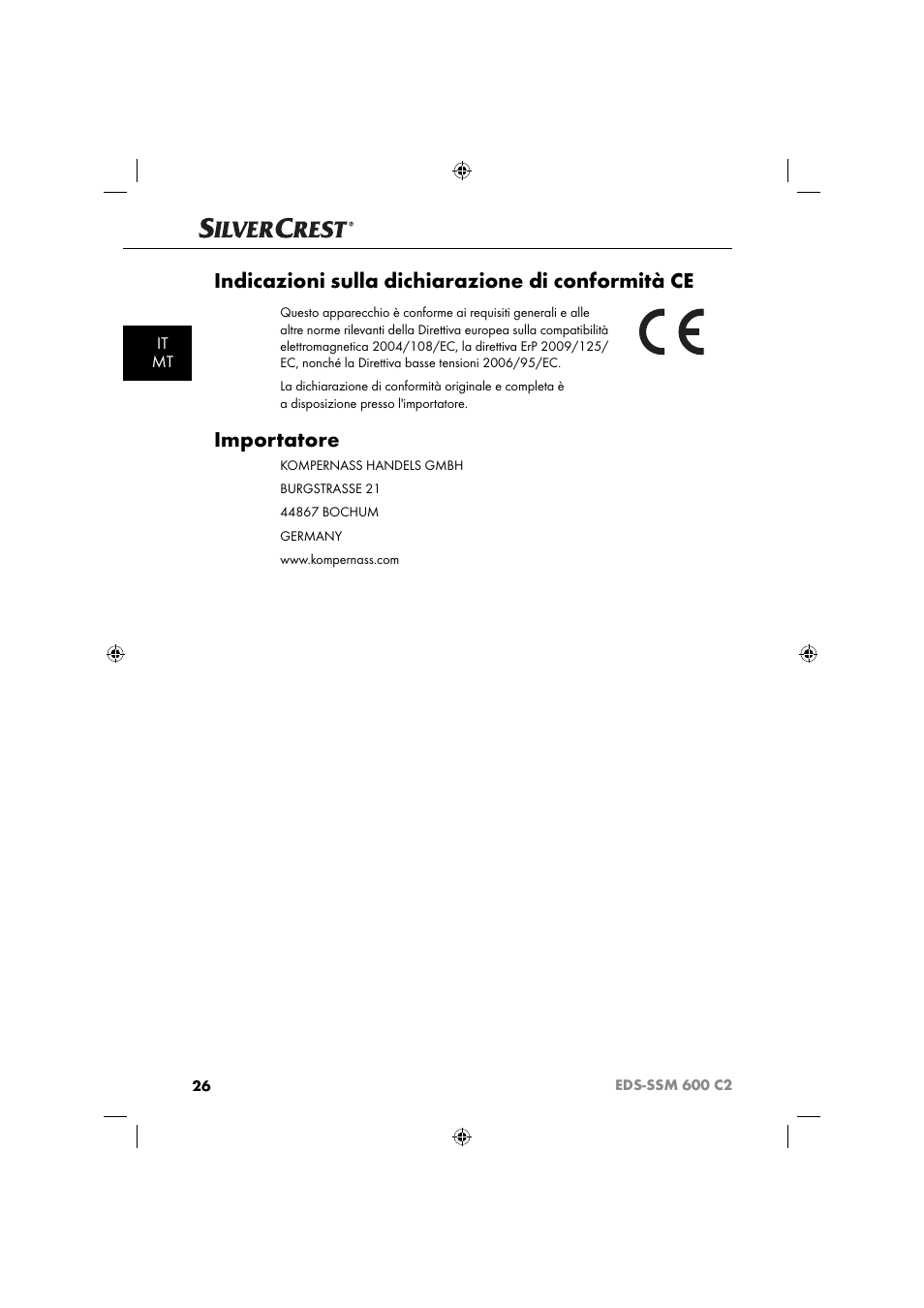 Indicazioni sulla dichiarazione di conformità ce, Importatore, It mt | Silvercrest SSM 600 C2 User Manual | Page 29 / 81