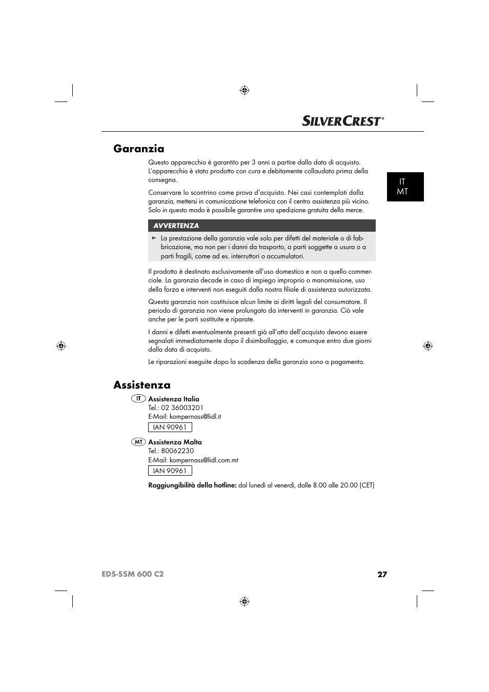 Garanzia, Assistenza, It mt | Silvercrest SSM 600 C2 User Manual | Page 30 / 81