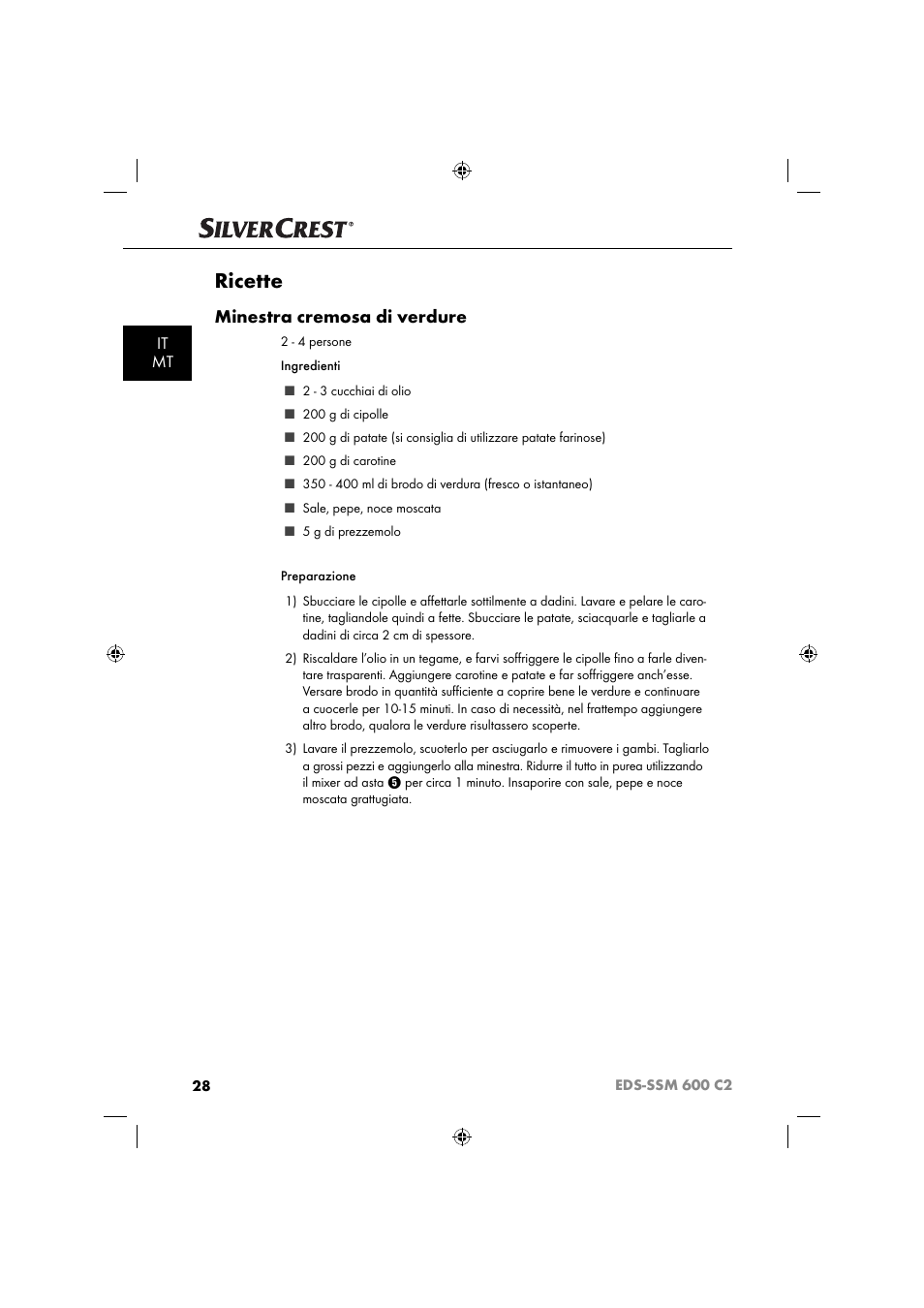 Ricette, Minestra cremosa di verdure, It mt | Silvercrest SSM 600 C2 User Manual | Page 31 / 81