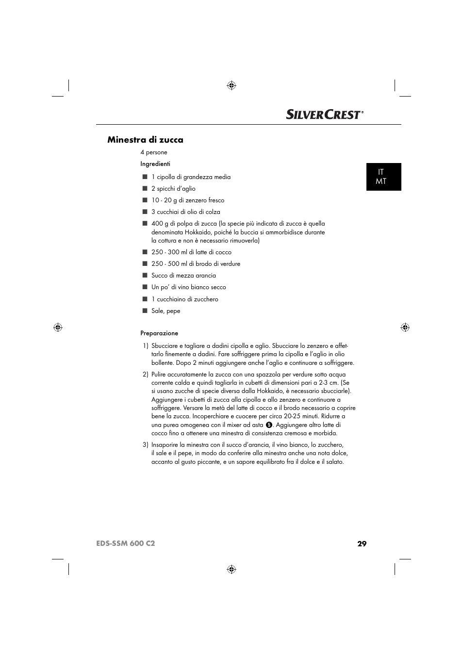 Minestra di zucca, It mt | Silvercrest SSM 600 C2 User Manual | Page 32 / 81