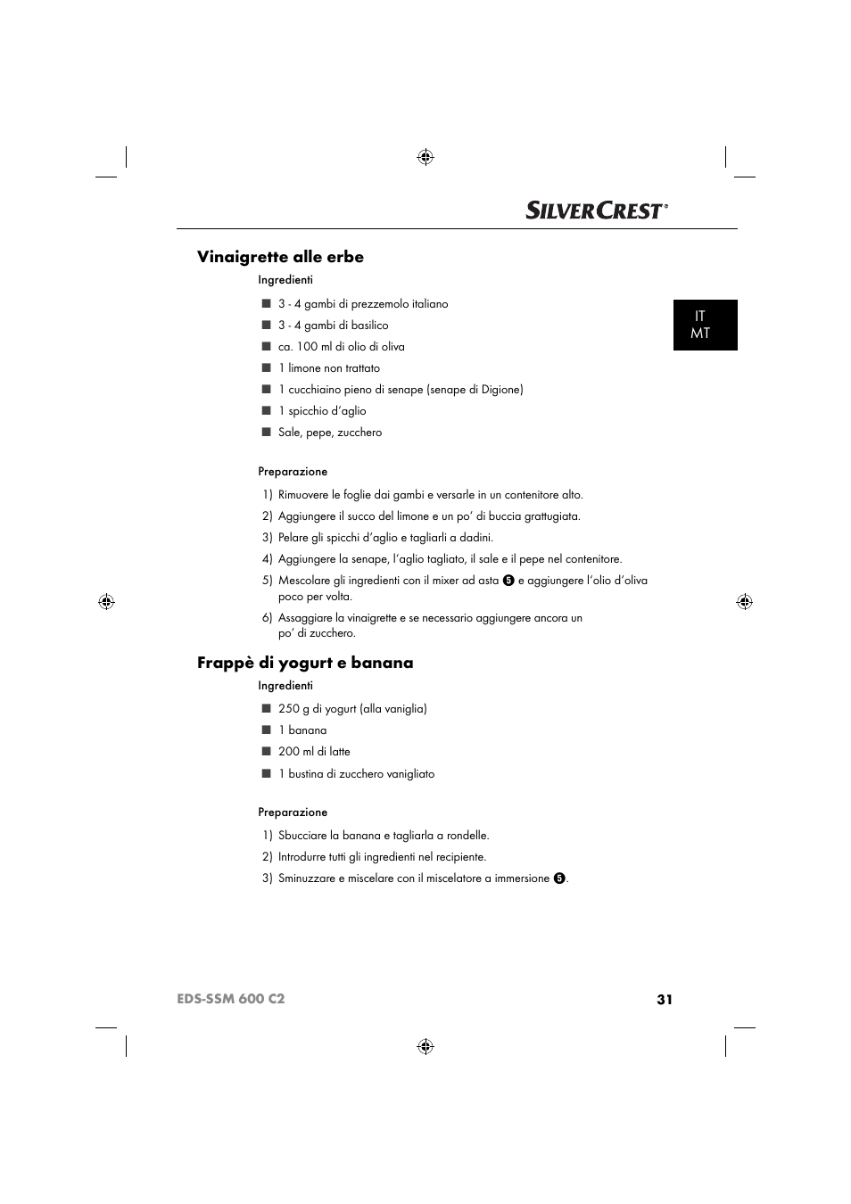 Vinaigrette alle erbe, Frappè di yogurt e banana, It mt | Silvercrest SSM 600 C2 User Manual | Page 34 / 81