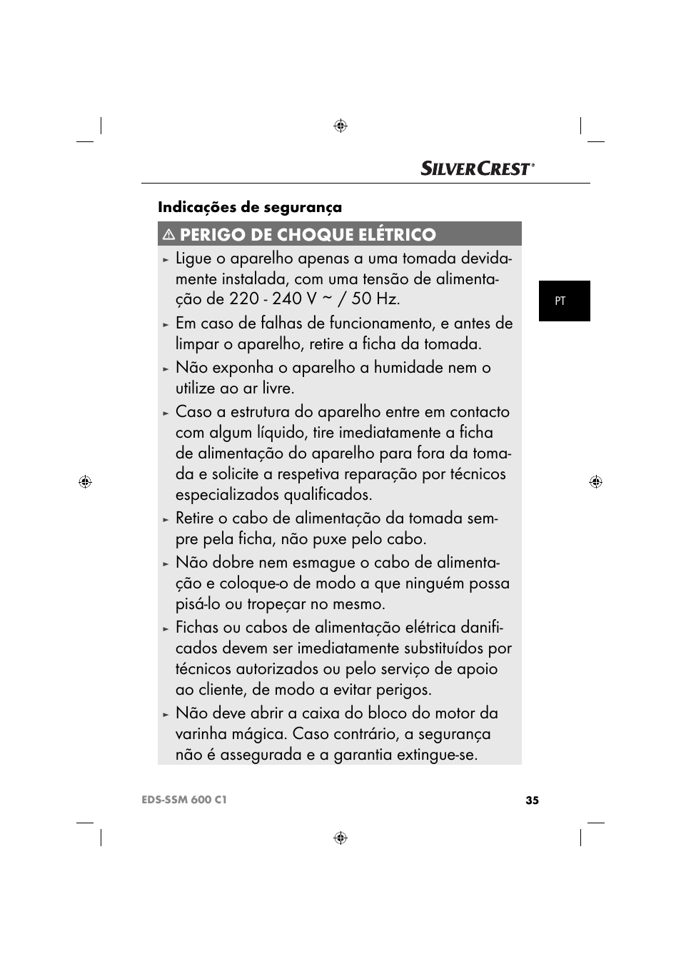 Perigo de choque elétrico, Indicações de segurança | Silvercrest SSM 600 C2 User Manual | Page 38 / 81