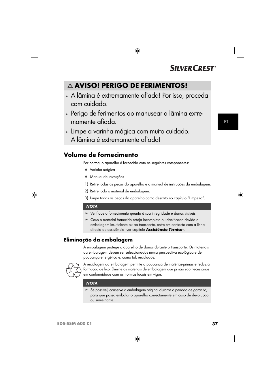 Aviso! perigo de ferimentos, Volume de fornecimento, Eliminação da embalagem | Silvercrest SSM 600 C2 User Manual | Page 40 / 81