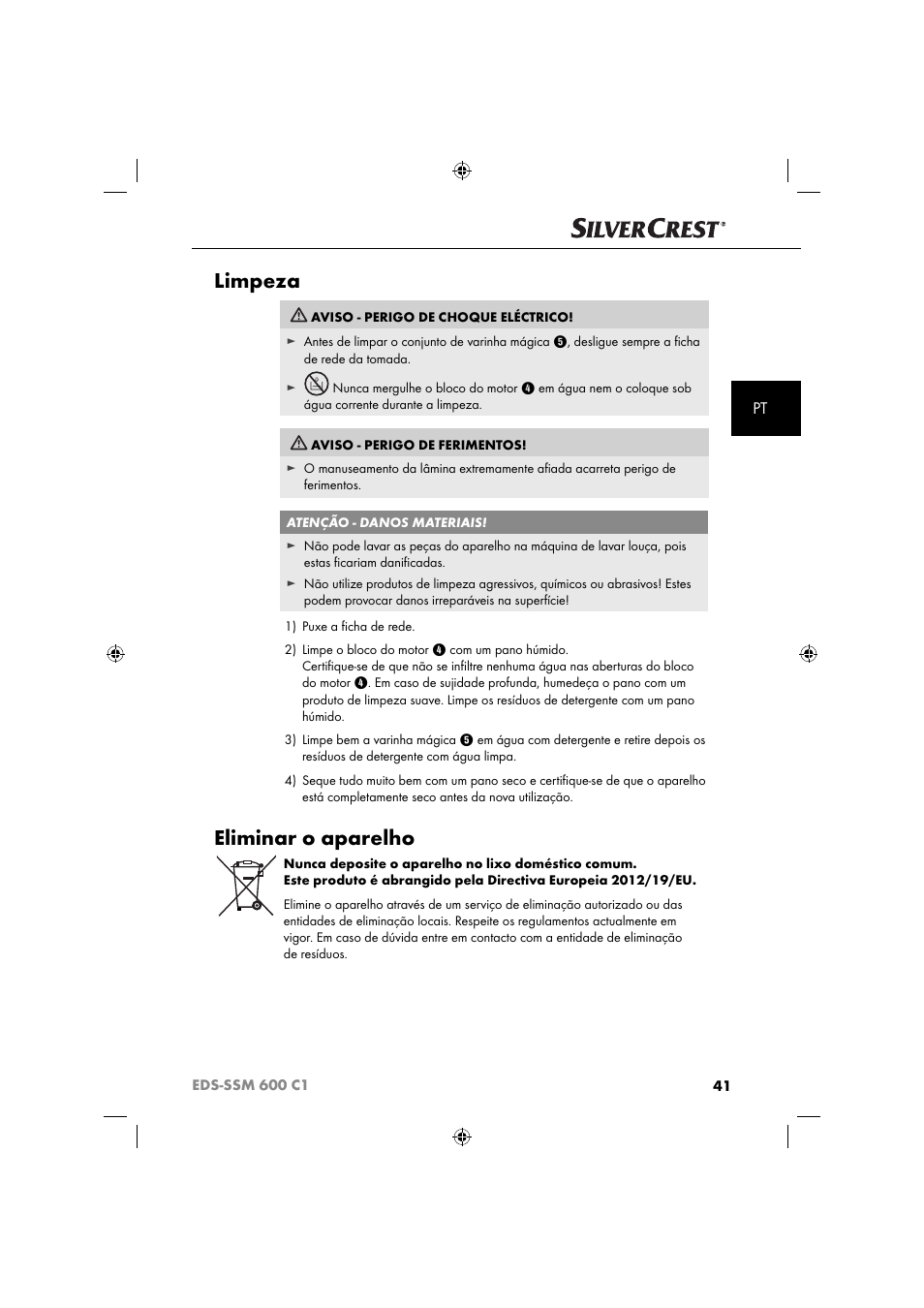 Limpeza, Eliminar o aparelho | Silvercrest SSM 600 C2 User Manual | Page 44 / 81