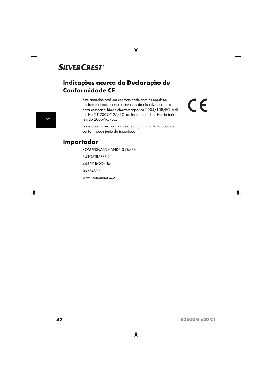 Indicações acerca da declaração de conformidade ce, Importador | Silvercrest SSM 600 C2 User Manual | Page 45 / 81