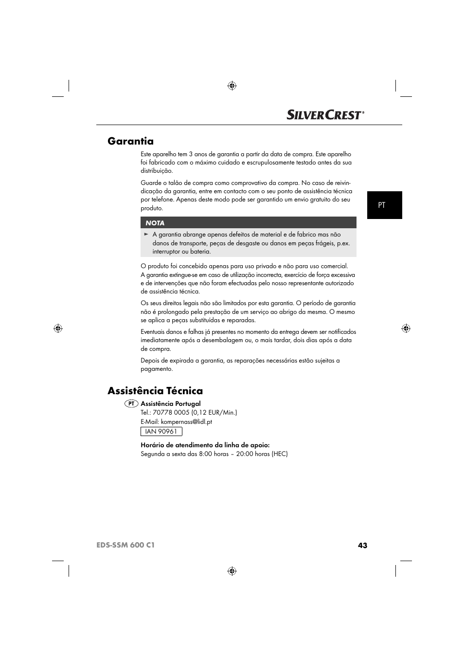 Garantia, Assistência técnica | Silvercrest SSM 600 C2 User Manual | Page 46 / 81