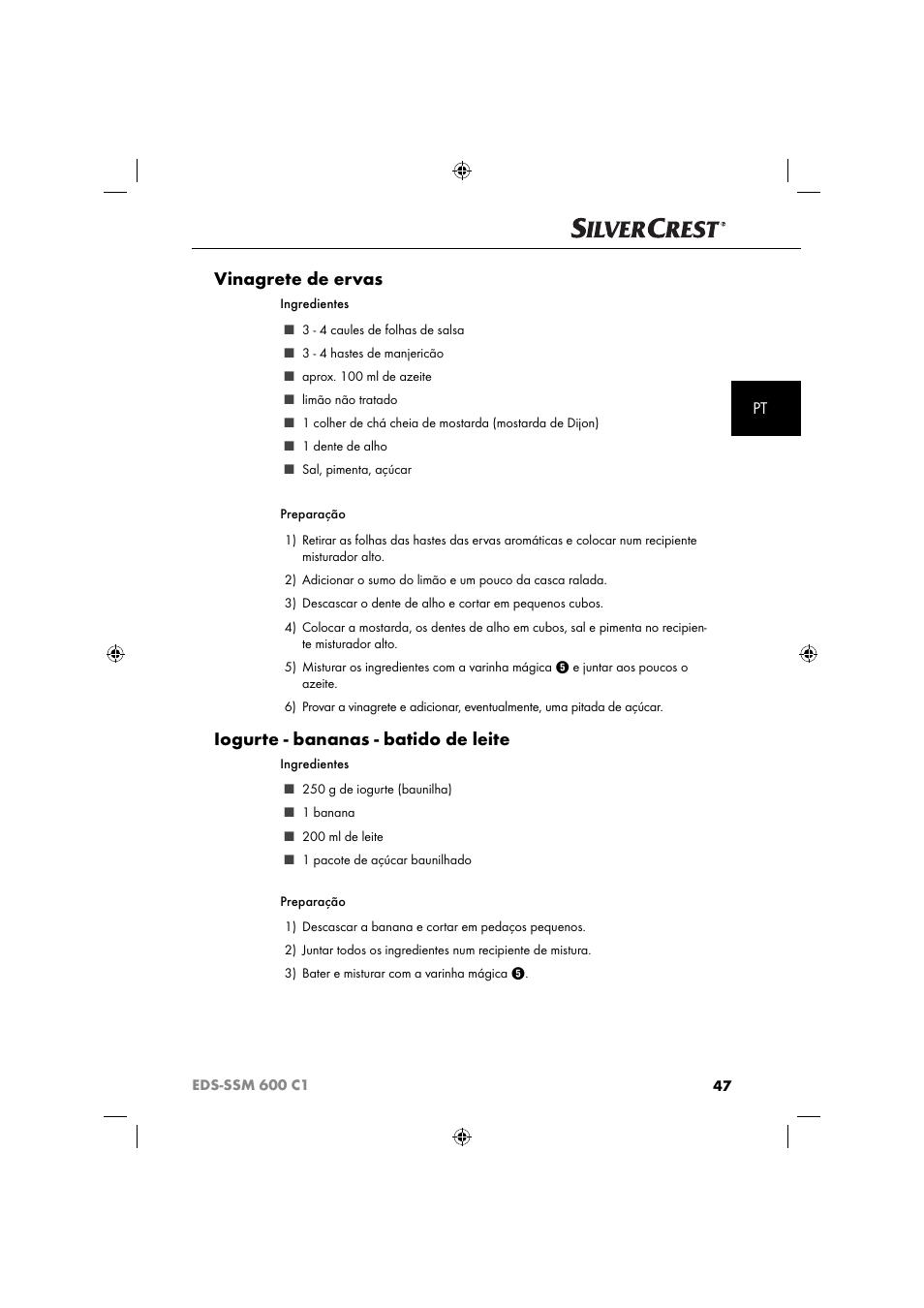 Vinagrete de ervas, Iogurte - bananas - batido de leite | Silvercrest SSM 600 C2 User Manual | Page 50 / 81