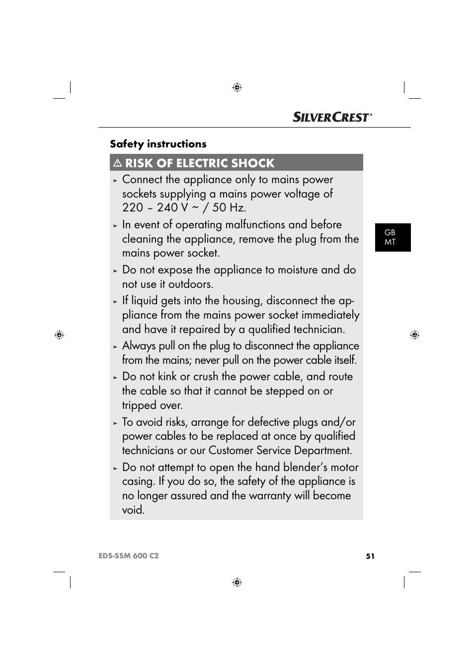 Risk of electric shock, Safety instructions | Silvercrest SSM 600 C2 User Manual | Page 54 / 81