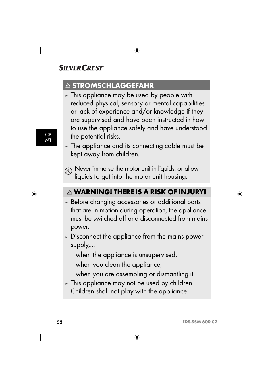 Stromschlaggefahr, When the appliance is unsupervised, When you clean the appliance | When you are assembling or dismantling it | Silvercrest SSM 600 C2 User Manual | Page 55 / 81