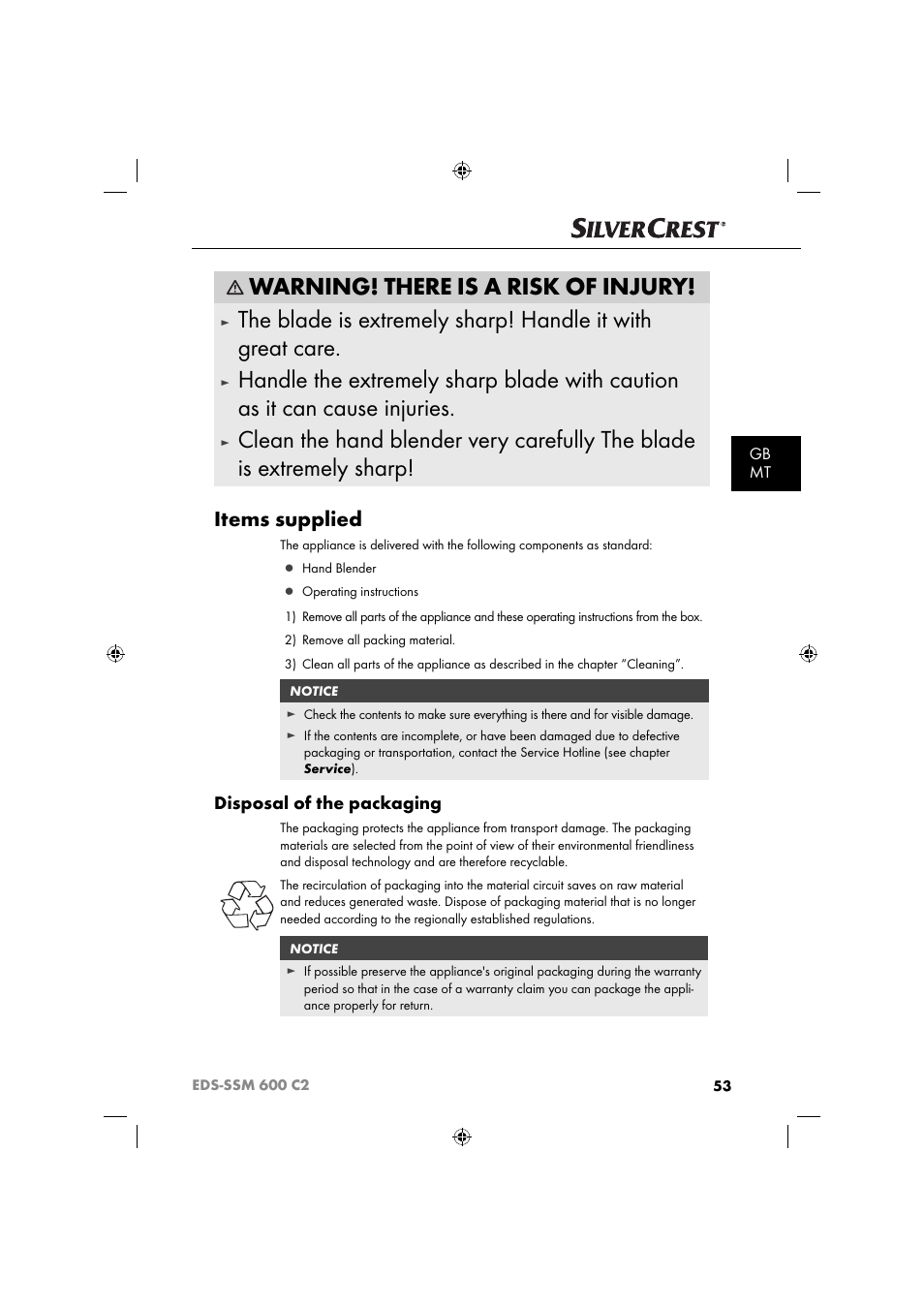 Warning! there is a risk of injury, Items supplied, Disposal of the packaging | Gb mt | Silvercrest SSM 600 C2 User Manual | Page 56 / 81