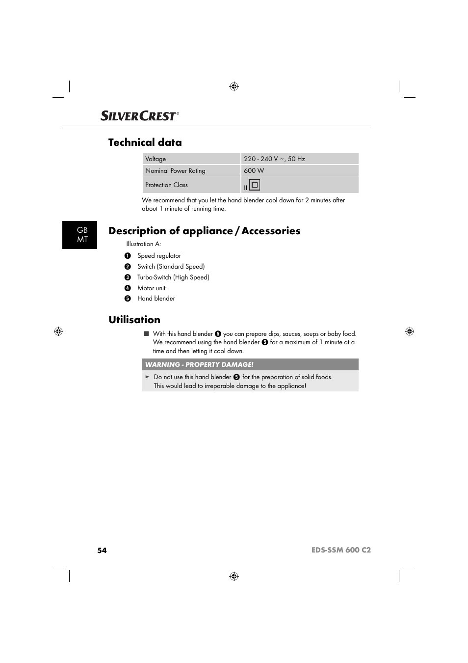 Technical data, Description of appliance / accessories, Utilisation | Gb mt | Silvercrest SSM 600 C2 User Manual | Page 57 / 81