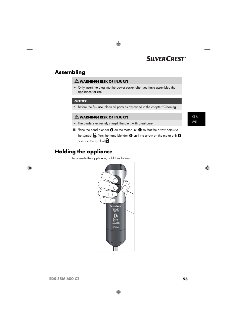 Assembling, Holding the appliance, Gb mt | Silvercrest SSM 600 C2 User Manual | Page 58 / 81