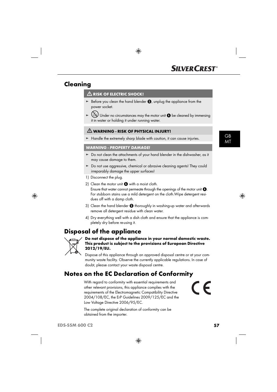 Cleaning, Disposal of the appliance, Gb mt | Silvercrest SSM 600 C2 User Manual | Page 60 / 81