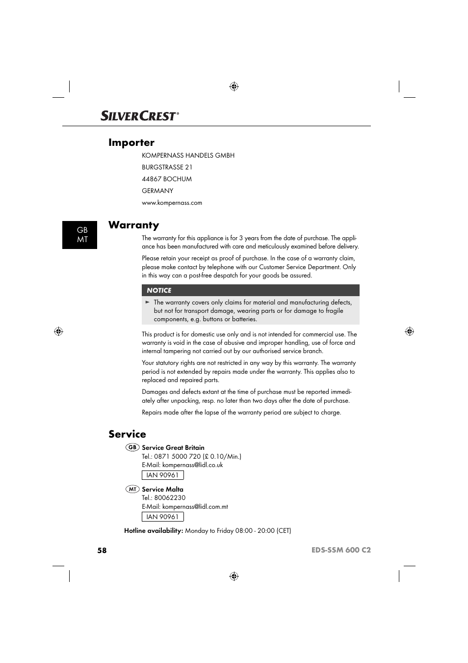 Importer, Warranty, Service | Gb mt | Silvercrest SSM 600 C2 User Manual | Page 61 / 81