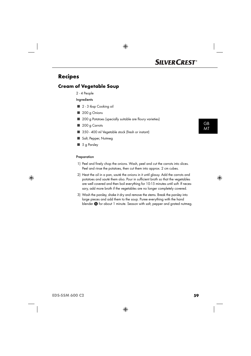 Recipes, Cream of vegetable soup, Gb mt | Silvercrest SSM 600 C2 User Manual | Page 62 / 81