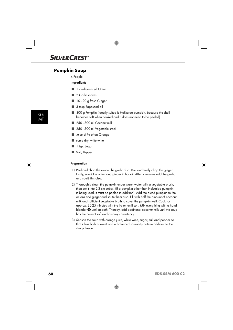 Pumpkin soup, Gb mt | Silvercrest SSM 600 C2 User Manual | Page 63 / 81