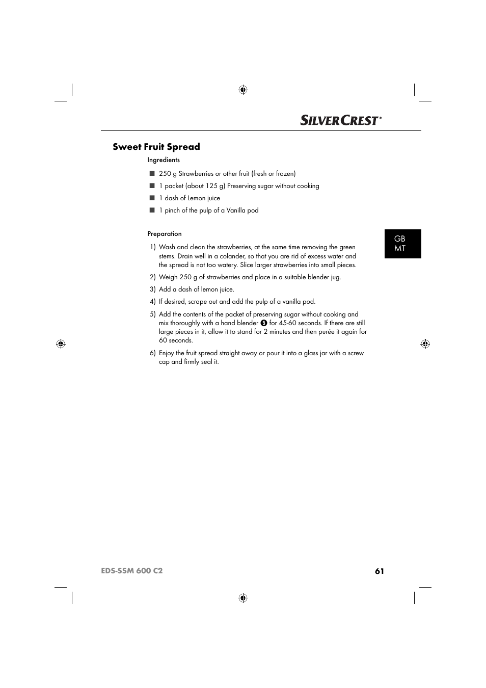 Sweet fruit spread, Gb mt | Silvercrest SSM 600 C2 User Manual | Page 64 / 81