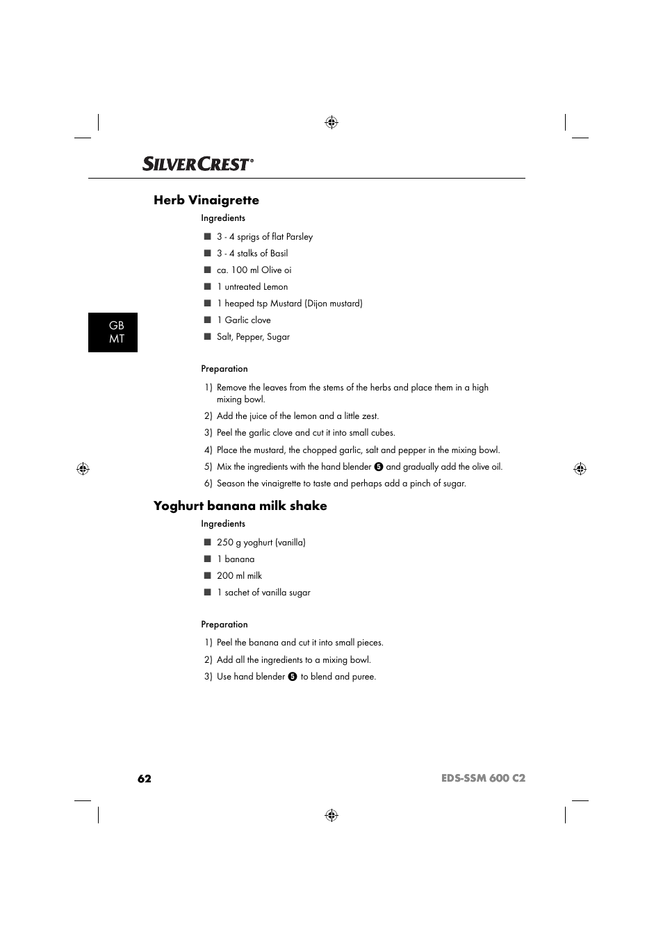 Herb vinaigrette, Yoghurt banana milk shake, Gb mt | Silvercrest SSM 600 C2 User Manual | Page 65 / 81