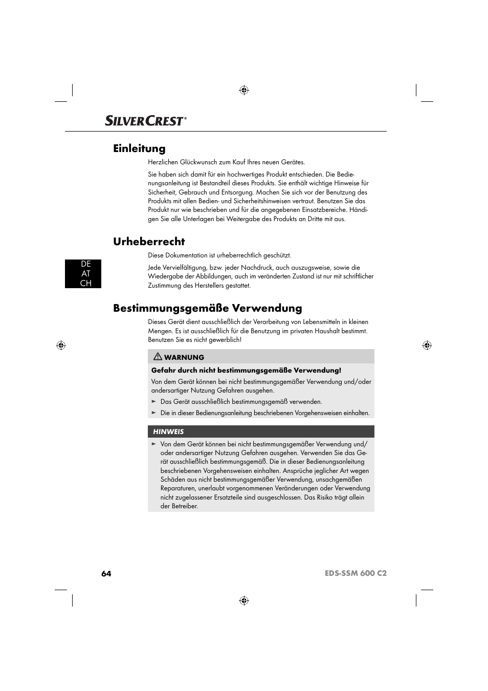 Einleitung, Urheberrecht, Bestimmungsgemäße verwendung | De at ch | Silvercrest SSM 600 C2 User Manual | Page 67 / 81