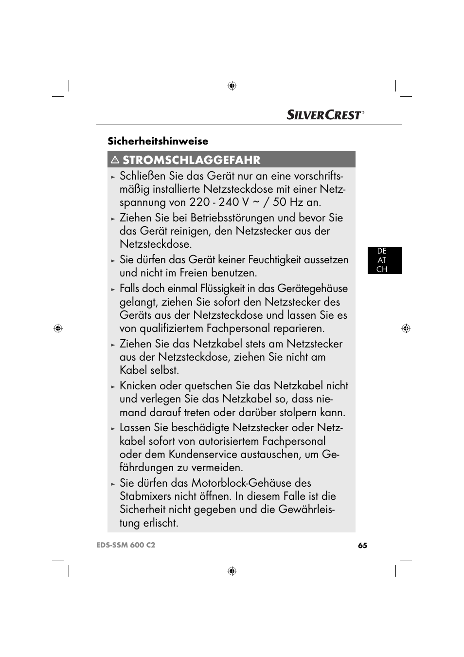 Stromschlaggefahr, Sicherheitshinweise | Silvercrest SSM 600 C2 User Manual | Page 68 / 81