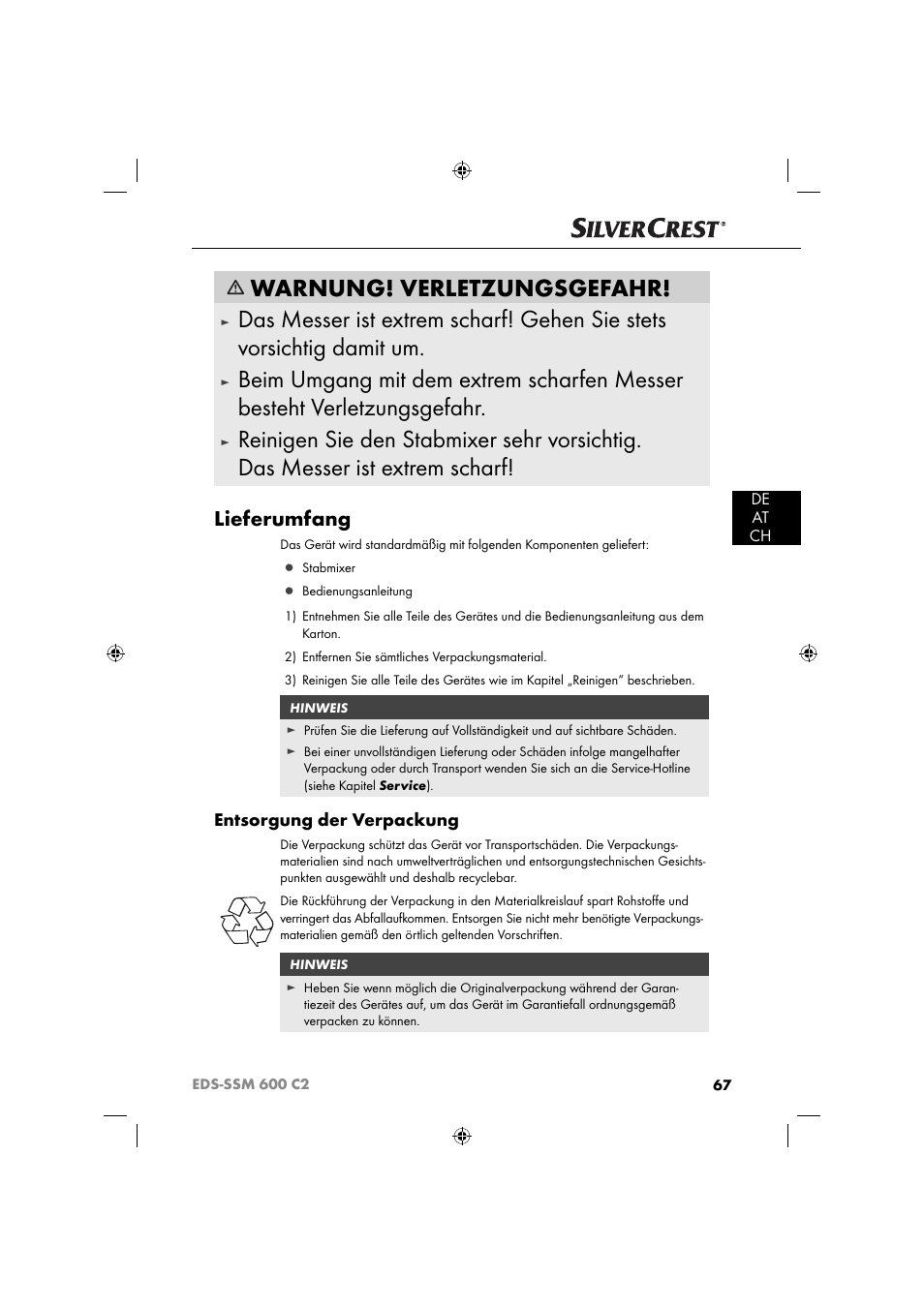 Warnung! verletzungsgefahr, Lieferumfang, Entsorgung der verpackung | Silvercrest SSM 600 C2 User Manual | Page 70 / 81