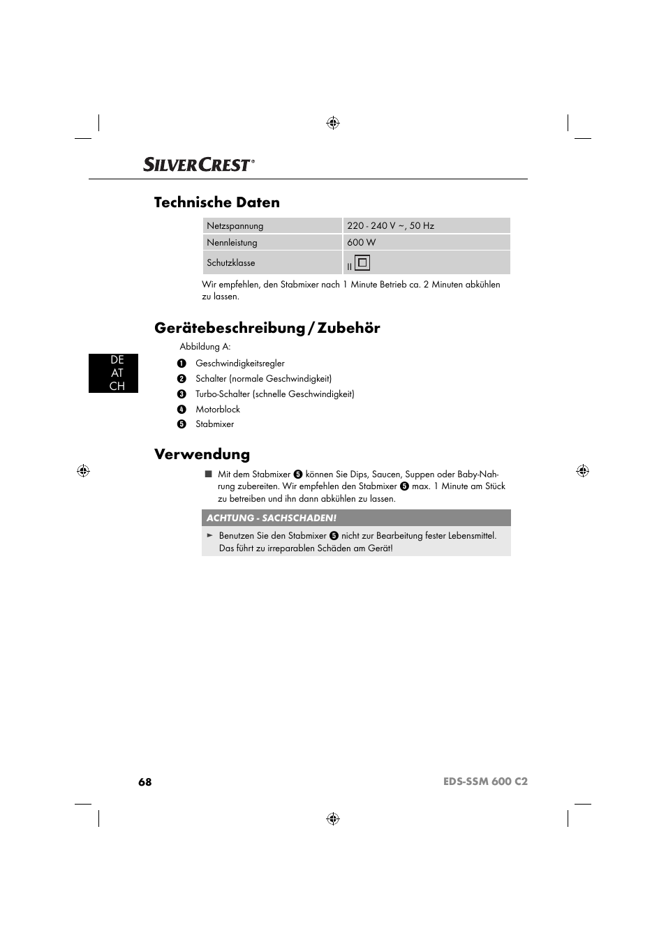 Technische daten, Gerätebeschreibung / zubehör, Verwendung | De at ch | Silvercrest SSM 600 C2 User Manual | Page 71 / 81