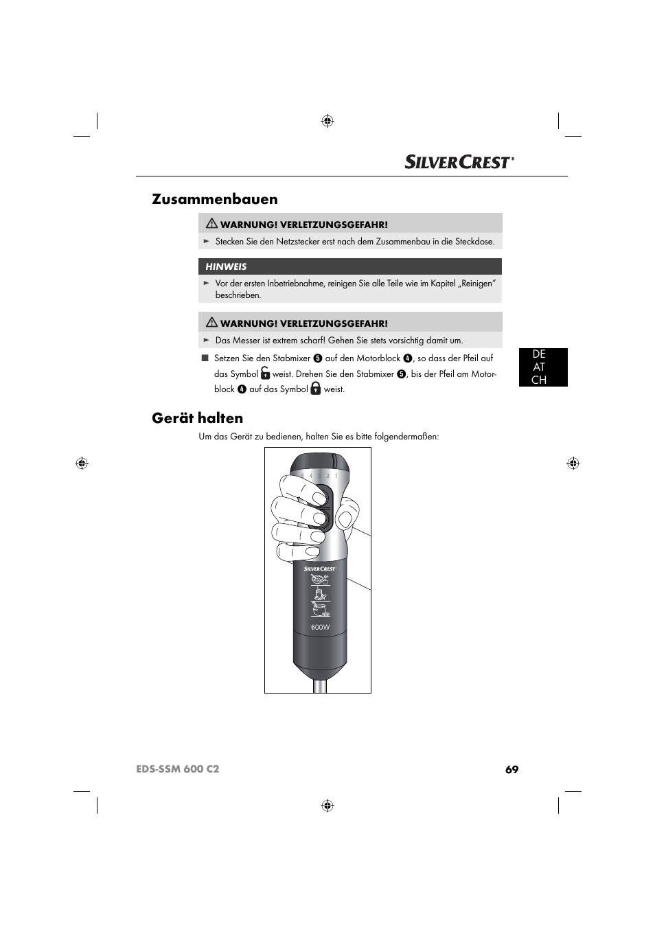 Zusammenbauen, Gerät halten, De at ch | Silvercrest SSM 600 C2 User Manual | Page 72 / 81