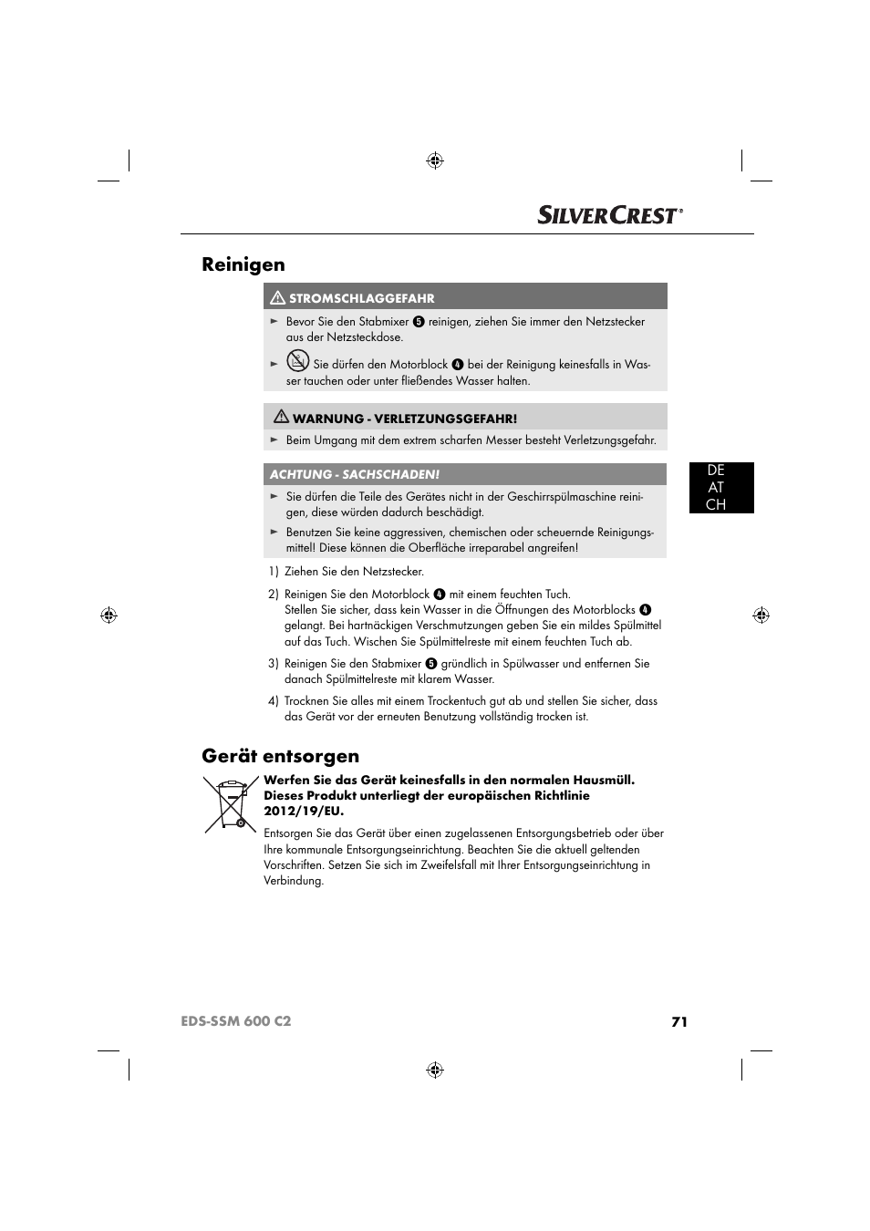 Reinigen, Gerät entsorgen, De at ch | Silvercrest SSM 600 C2 User Manual | Page 74 / 81