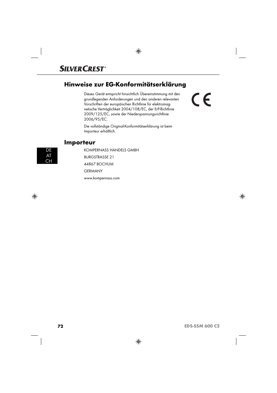 Hinweise zur eg-konformitätserklärung, Importeur, De at ch | Silvercrest SSM 600 C2 User Manual | Page 75 / 81