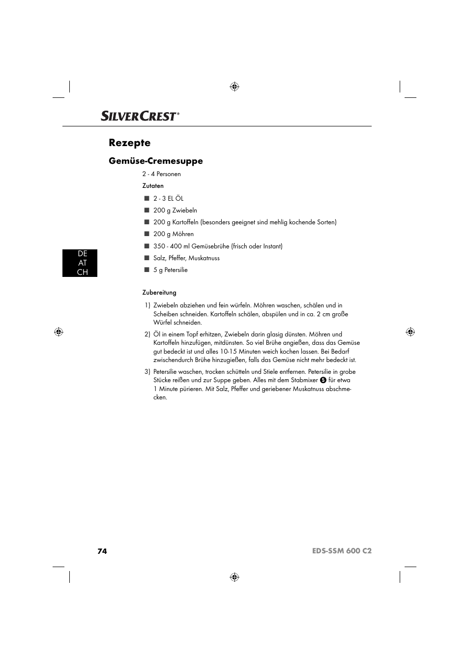 Rezepte, Gemüse-cremesuppe, De at ch | Silvercrest SSM 600 C2 User Manual | Page 77 / 81