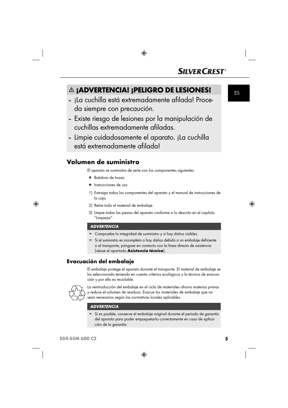 Advertencia! ¡peligro de lesiones, Volumen de suministro, Evacuación del embalaje | Silvercrest SSM 600 C2 User Manual | Page 8 / 81