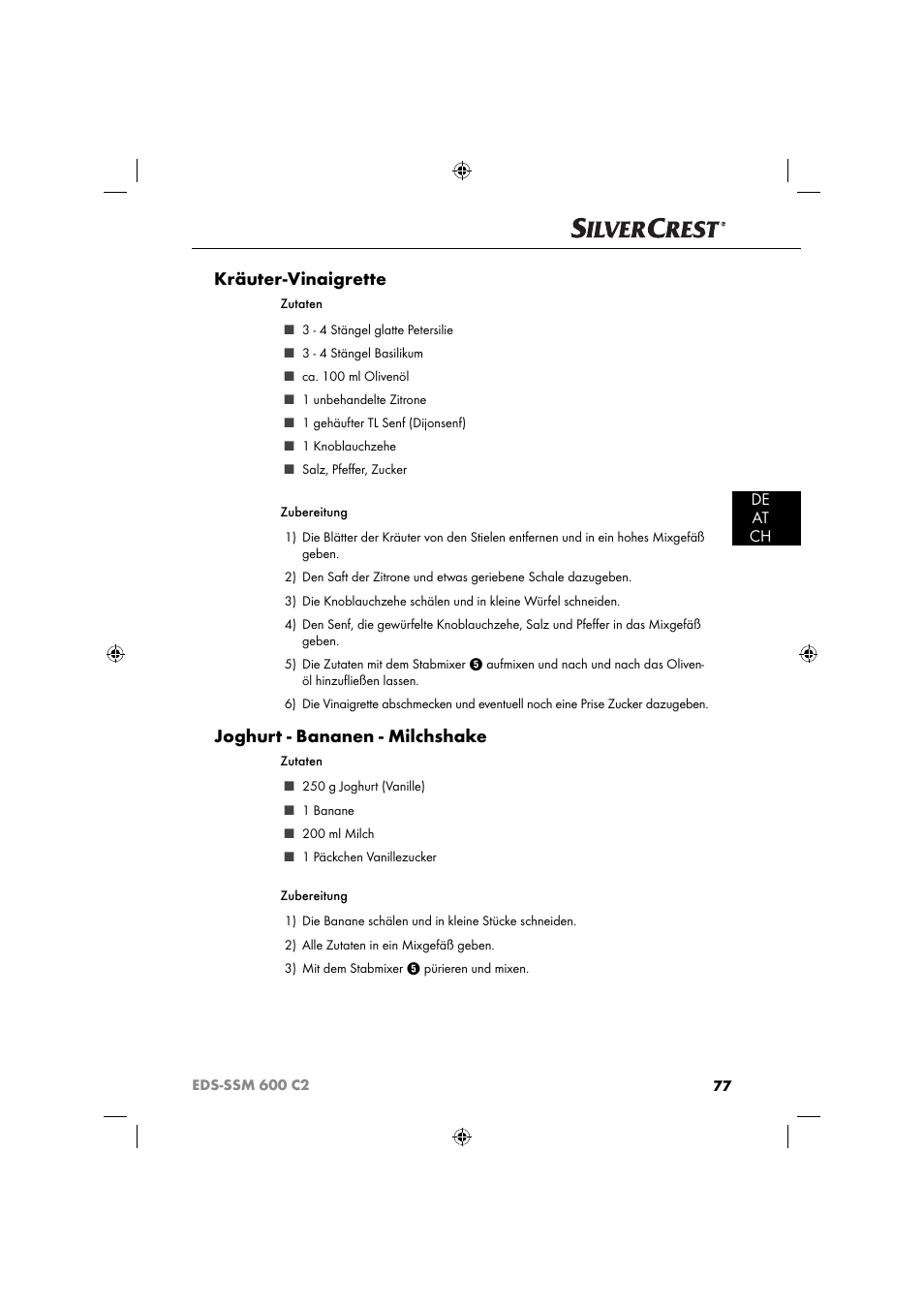 Kräuter-vinaigrette, Joghurt - bananen - milchshake, De at ch | Silvercrest SSM 600 C2 User Manual | Page 80 / 81