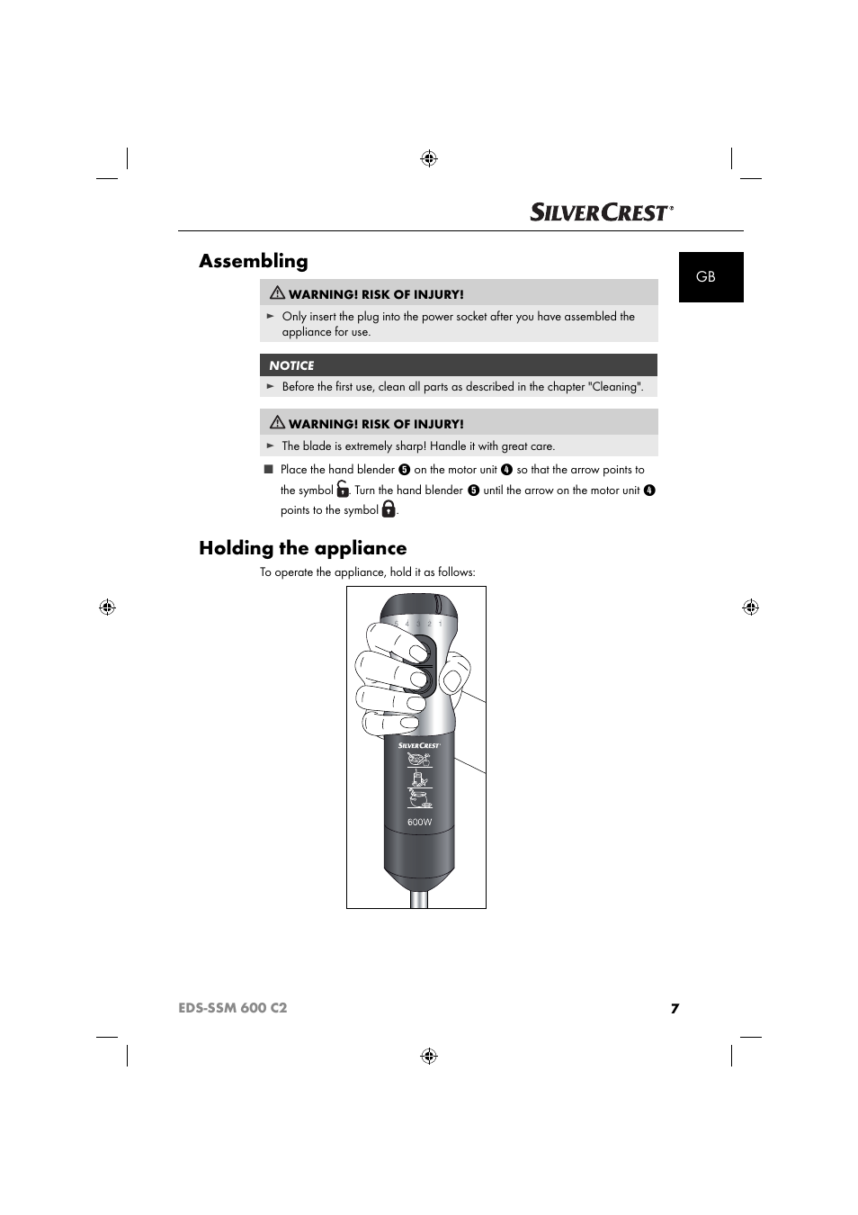 Assembling, Holding the appliance | Silvercrest SSM 600 C2 User Manual | Page 10 / 105