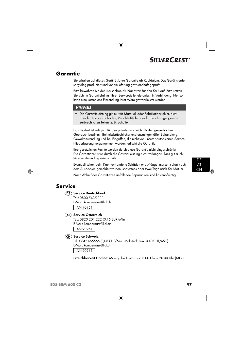 Garantie, Service, De at ch | Silvercrest SSM 600 C2 User Manual | Page 100 / 105