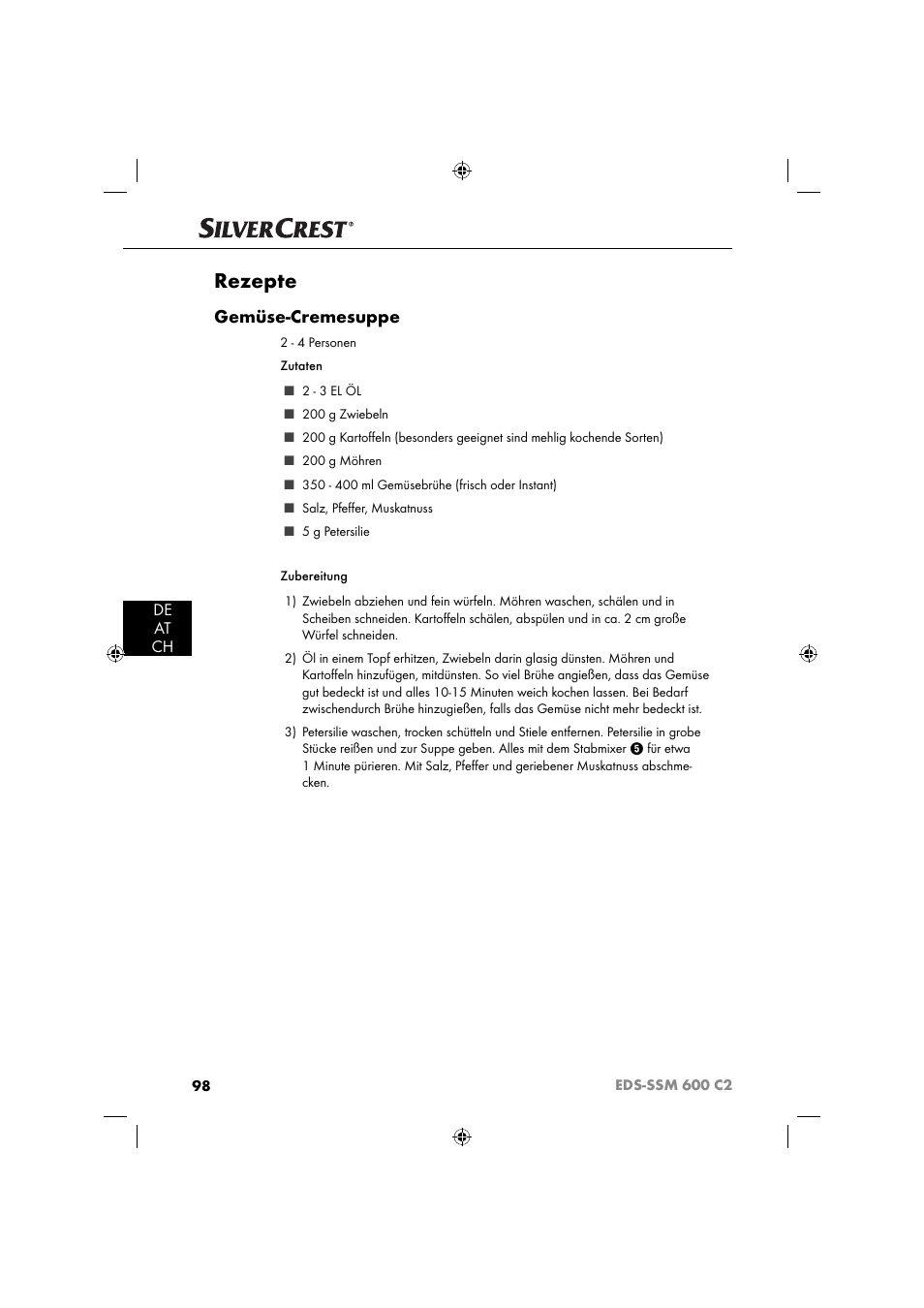 Rezepte, Gemüse-cremesuppe, De at ch | Silvercrest SSM 600 C2 User Manual | Page 101 / 105