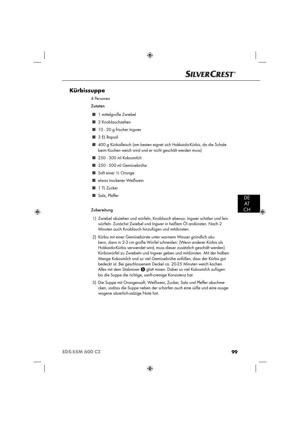 Kürbissuppe, De at ch | Silvercrest SSM 600 C2 User Manual | Page 102 / 105
