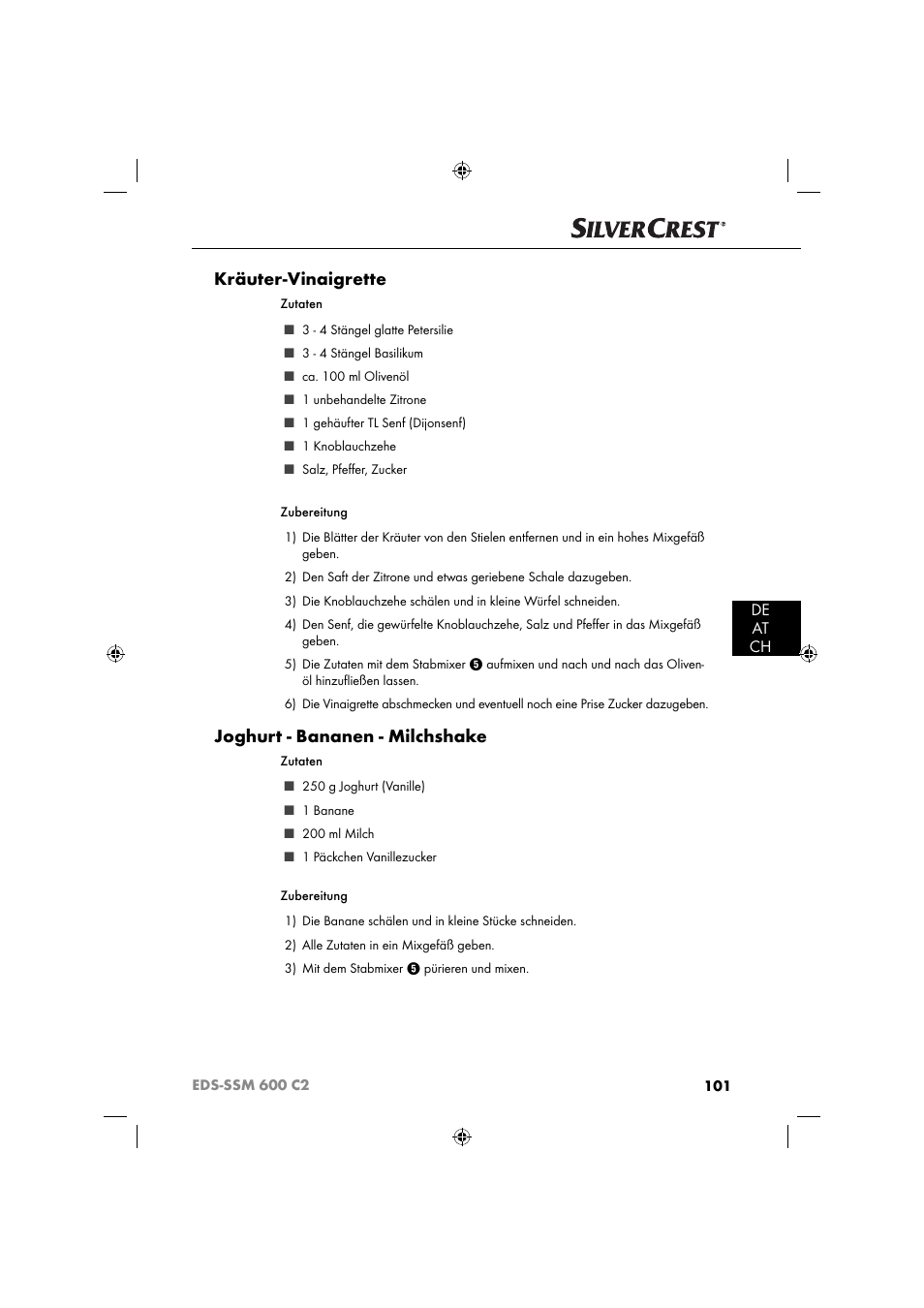 Kräuter-vinaigrette, Joghurt - bananen - milchshake, De at ch | Silvercrest SSM 600 C2 User Manual | Page 104 / 105