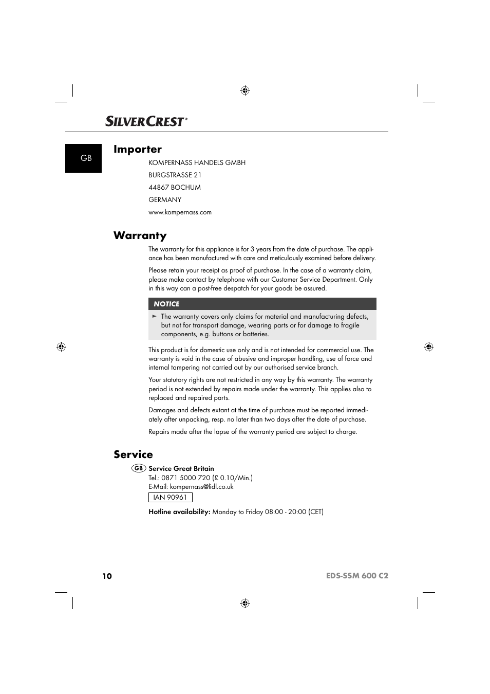Importer, Warranty, Service | Silvercrest SSM 600 C2 User Manual | Page 13 / 105
