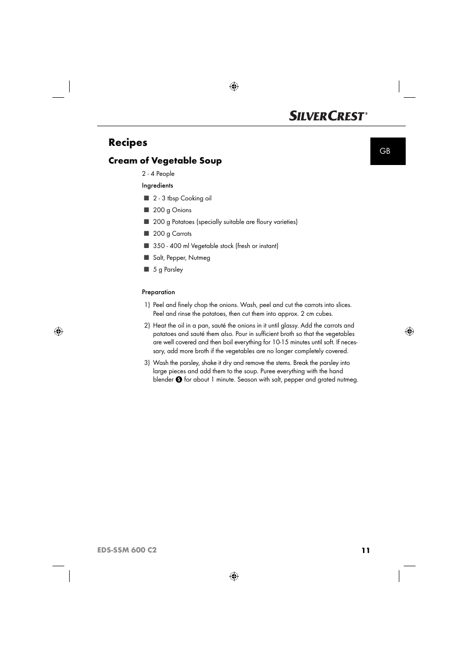 Recipes, Cream of vegetable soup | Silvercrest SSM 600 C2 User Manual | Page 14 / 105