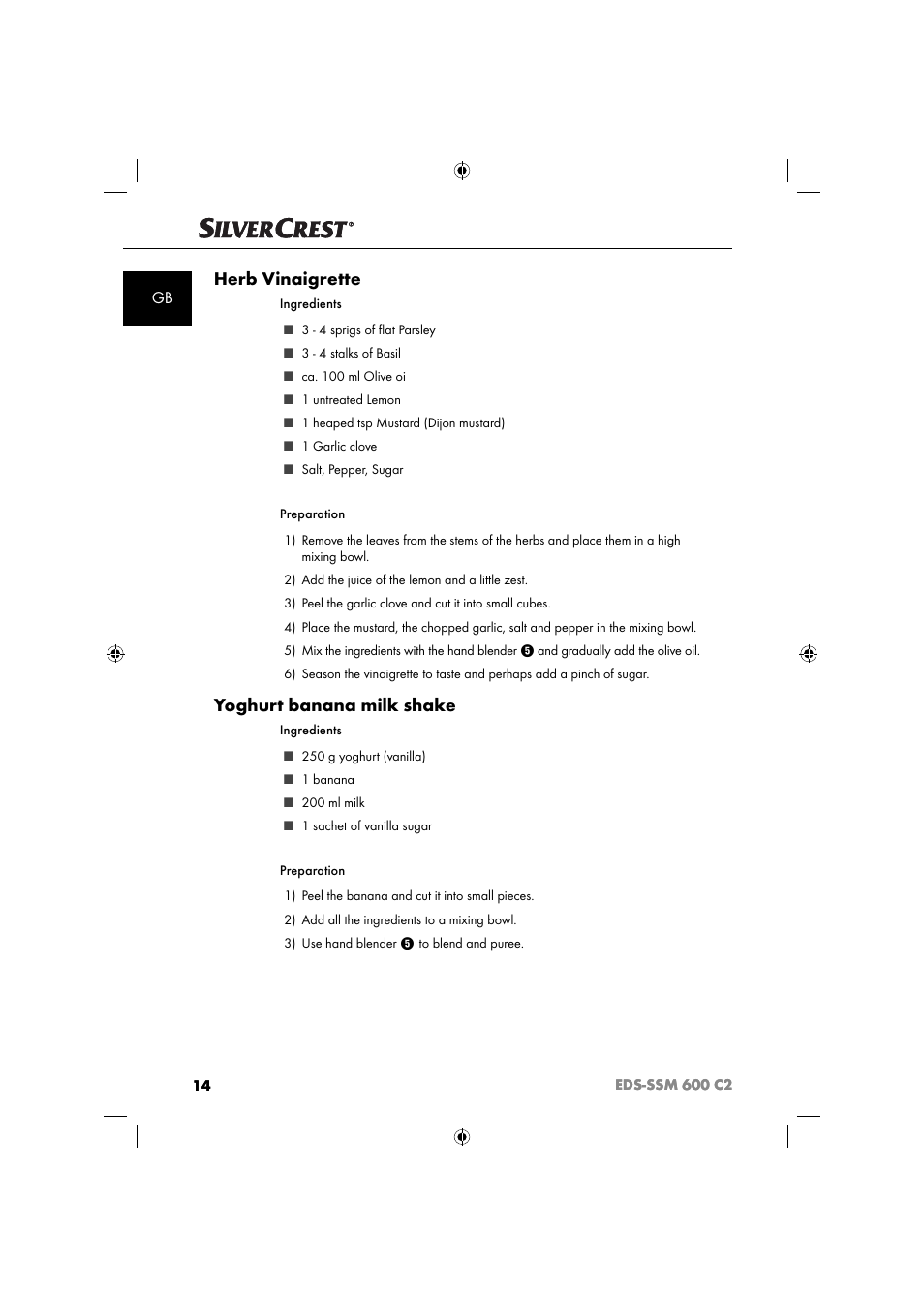 Herb vinaigrette, Yoghurt banana milk shake | Silvercrest SSM 600 C2 User Manual | Page 17 / 105