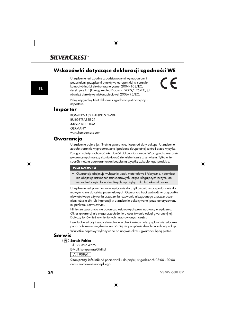 Wskazówki dotyczące deklaracji zgodności we, Importer, Gwarancja | Serwis | Silvercrest SSM 600 C2 User Manual | Page 27 / 105