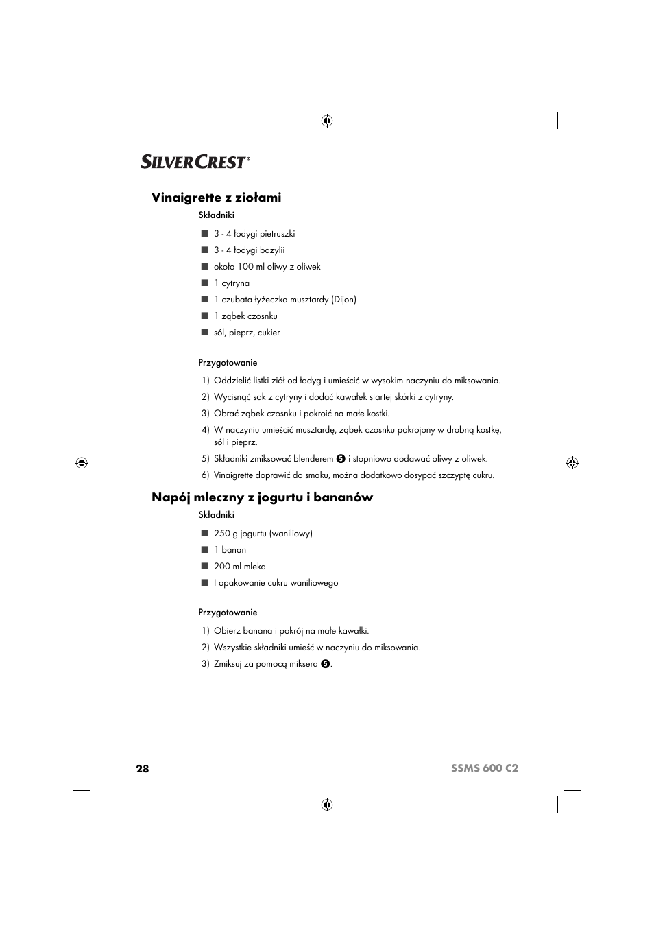 Vinaigrette z ziołami, Napój mleczny z jogurtu i bananów | Silvercrest SSM 600 C2 User Manual | Page 31 / 105