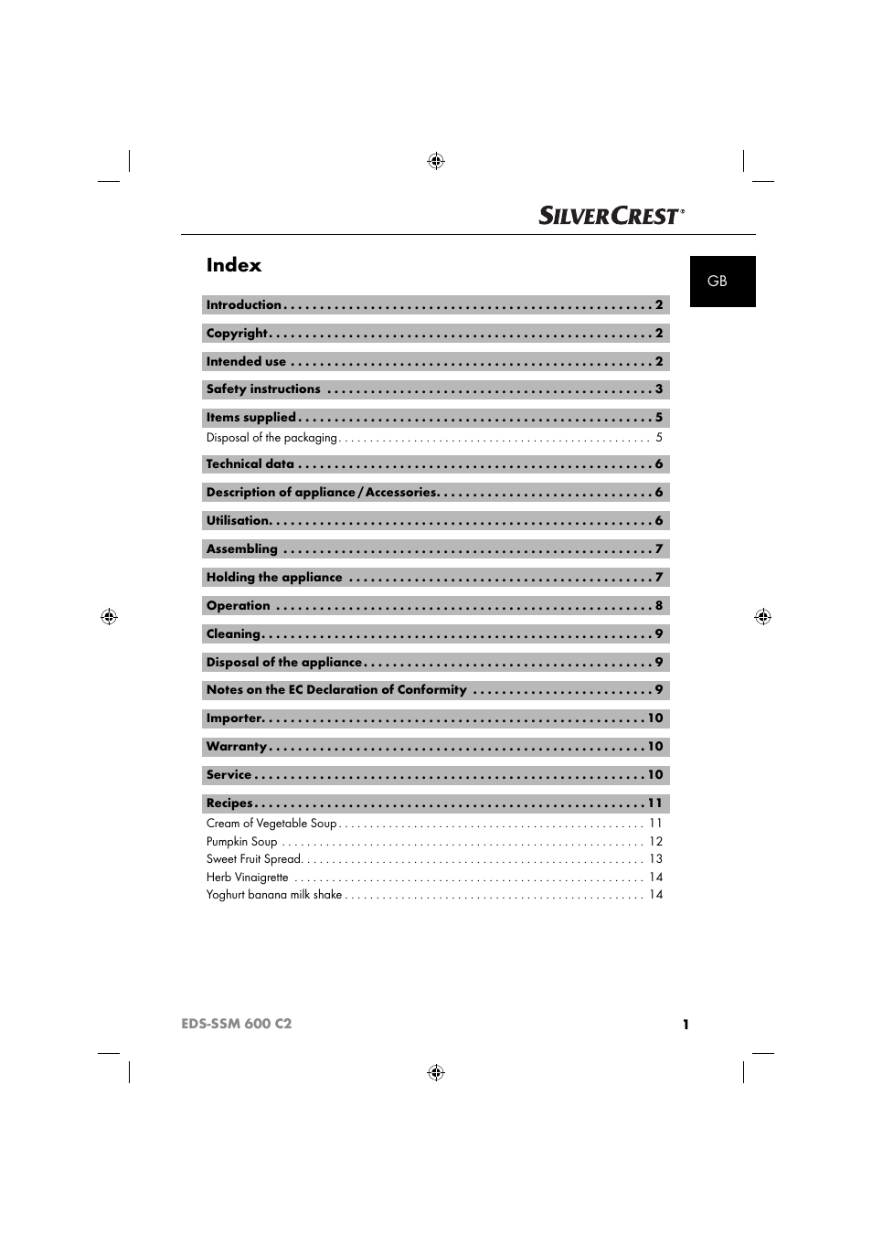 Index | Silvercrest SSM 600 C2 User Manual | Page 4 / 105