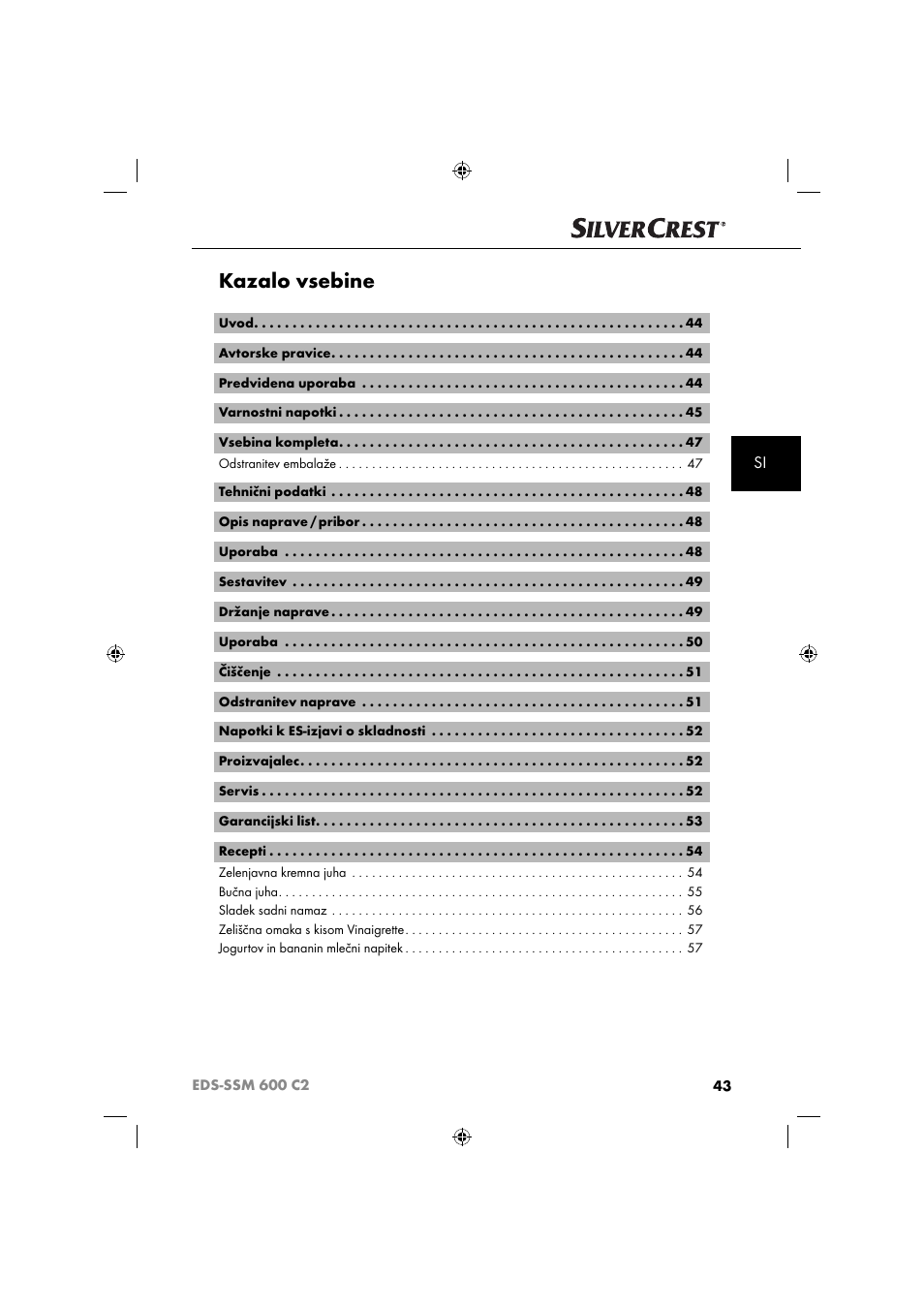 Kazalo vsebine | Silvercrest SSM 600 C2 User Manual | Page 46 / 105