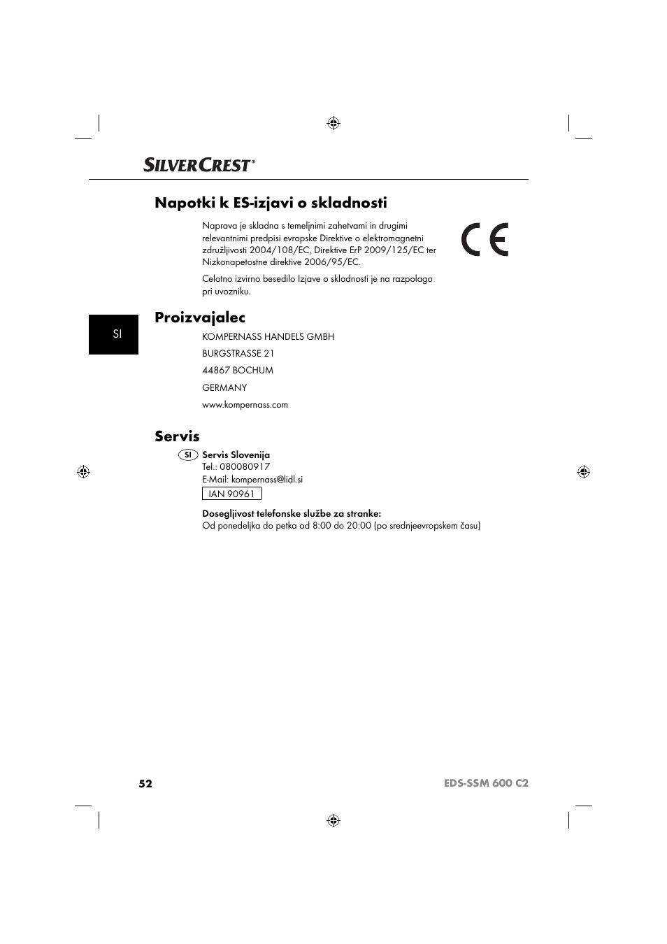 Napotki k es-izjavi o skladnosti, Proizvajalec, Servis | Silvercrest SSM 600 C2 User Manual | Page 55 / 105