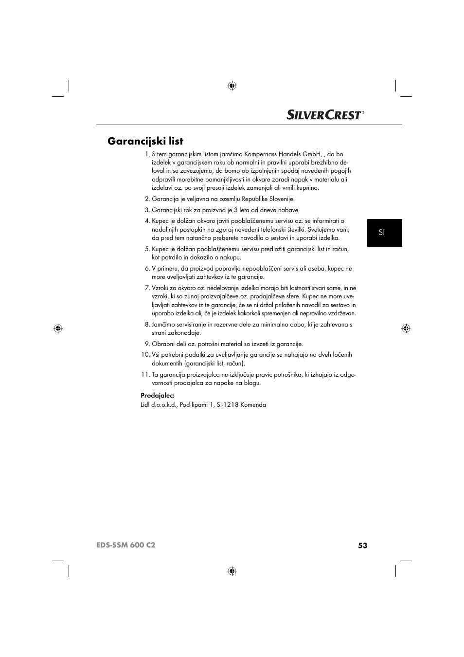 Garancijski list | Silvercrest SSM 600 C2 User Manual | Page 56 / 105
