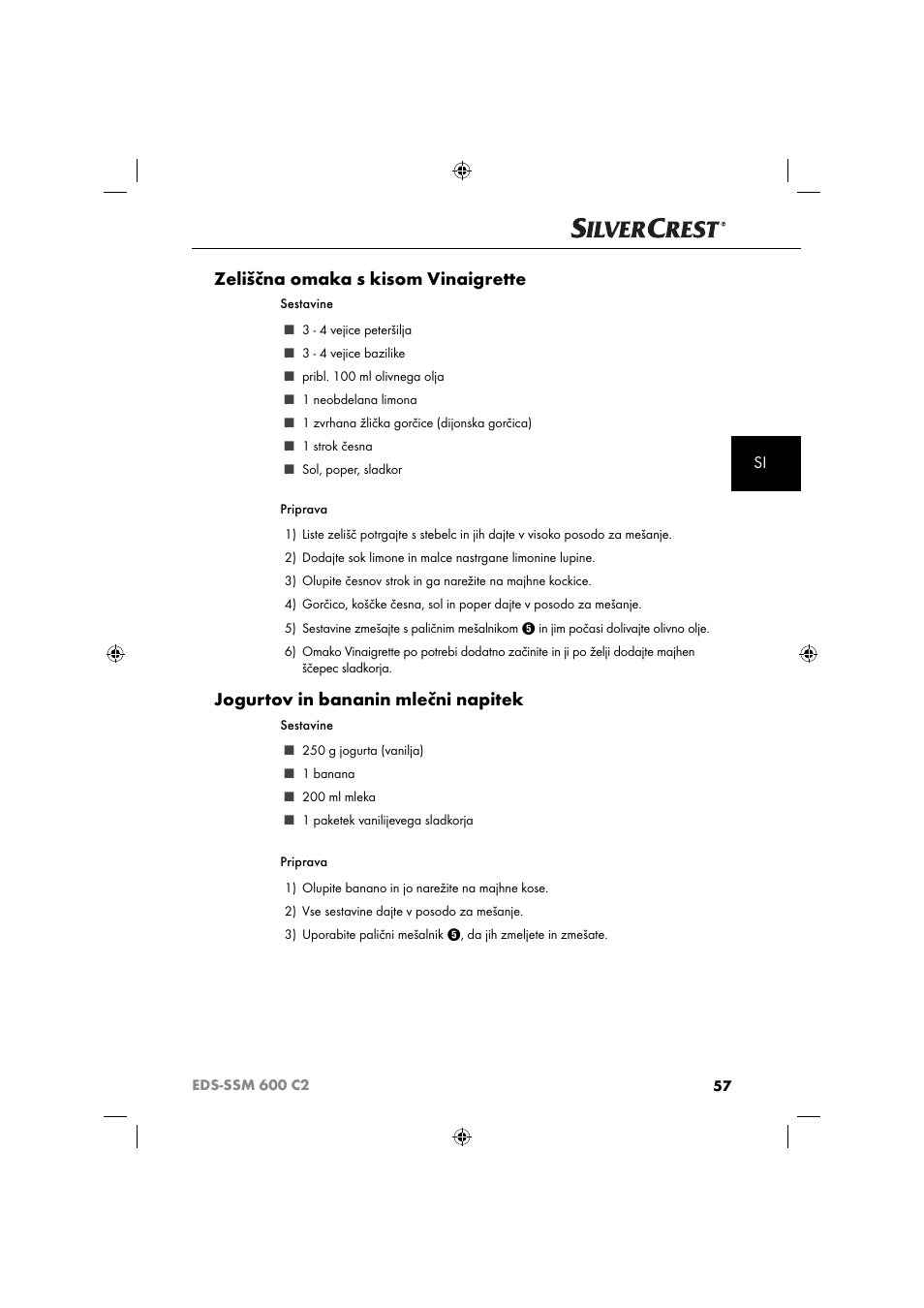 Zeliščna omaka s kisom vinaigrette, Jogurtov in bananin mlečni napitek | Silvercrest SSM 600 C2 User Manual | Page 60 / 105