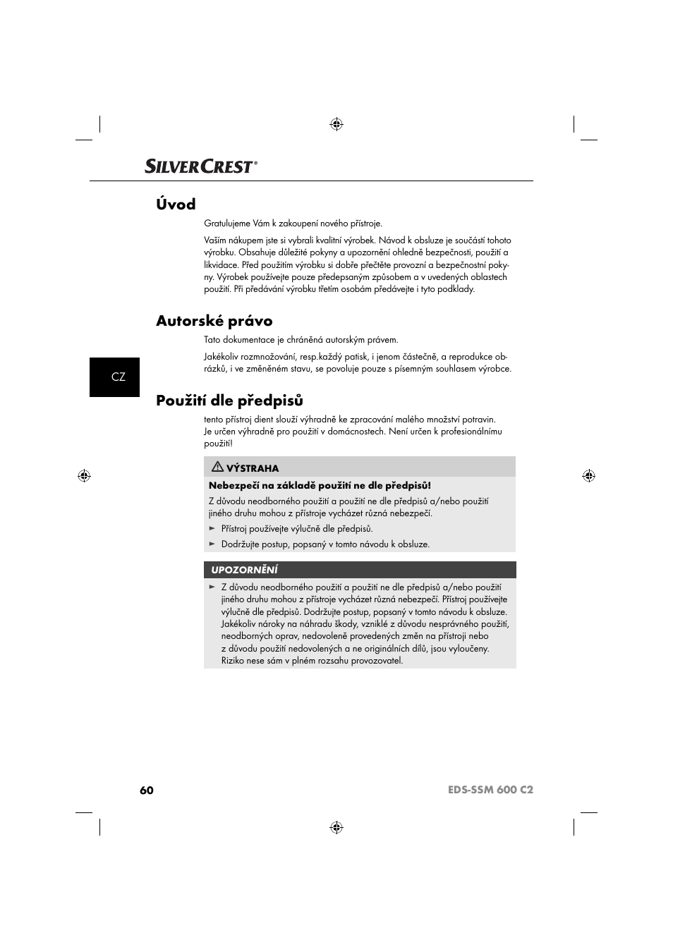 Úvod, Autorské právo, Použití dle předpisů | Silvercrest SSM 600 C2 User Manual | Page 63 / 105