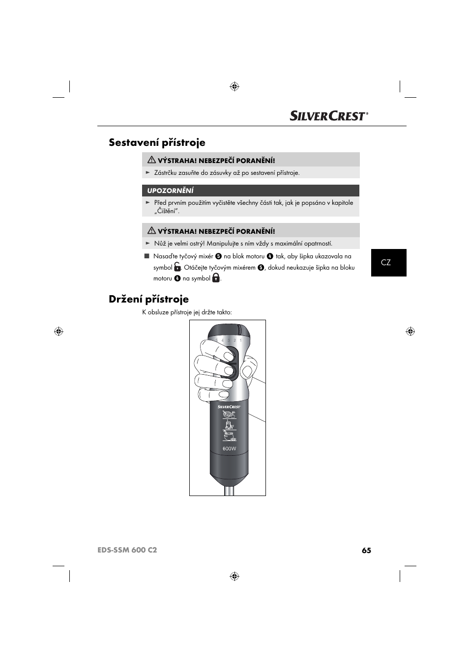 Sestavení přístroje, Držení přístroje | Silvercrest SSM 600 C2 User Manual | Page 68 / 105