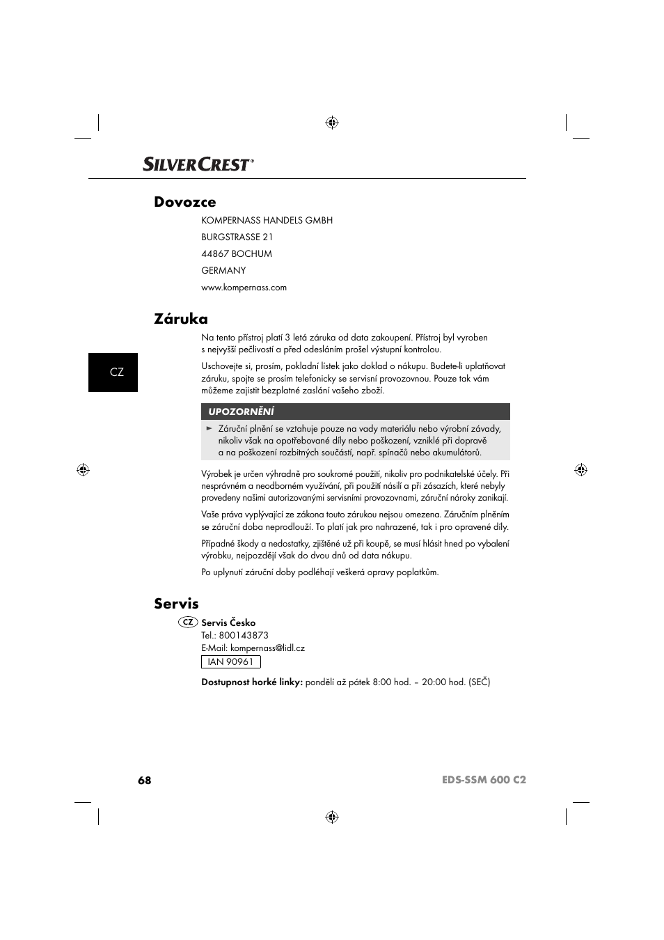 Dovozce, Záruka, Servis | Silvercrest SSM 600 C2 User Manual | Page 71 / 105